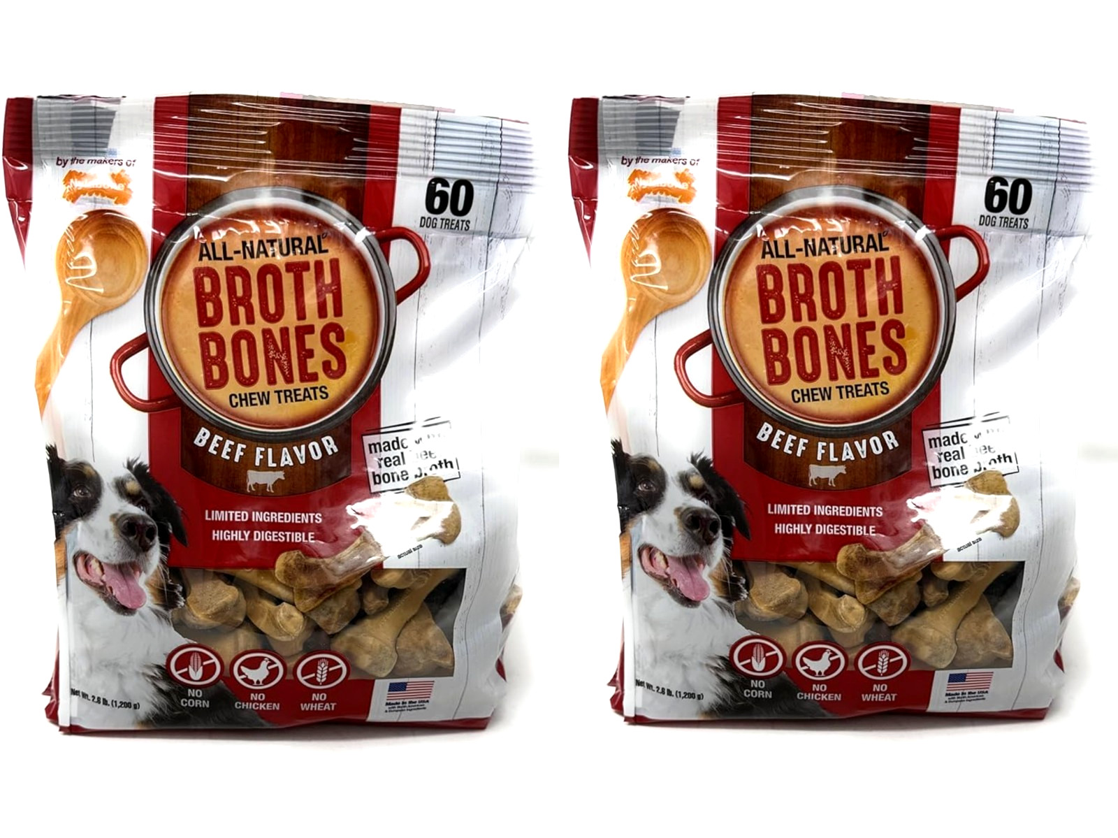 2 Pks Nylabone Broth Bones Natural Edible Dog Chews Beef Flavor 60ct 2.60lb Each