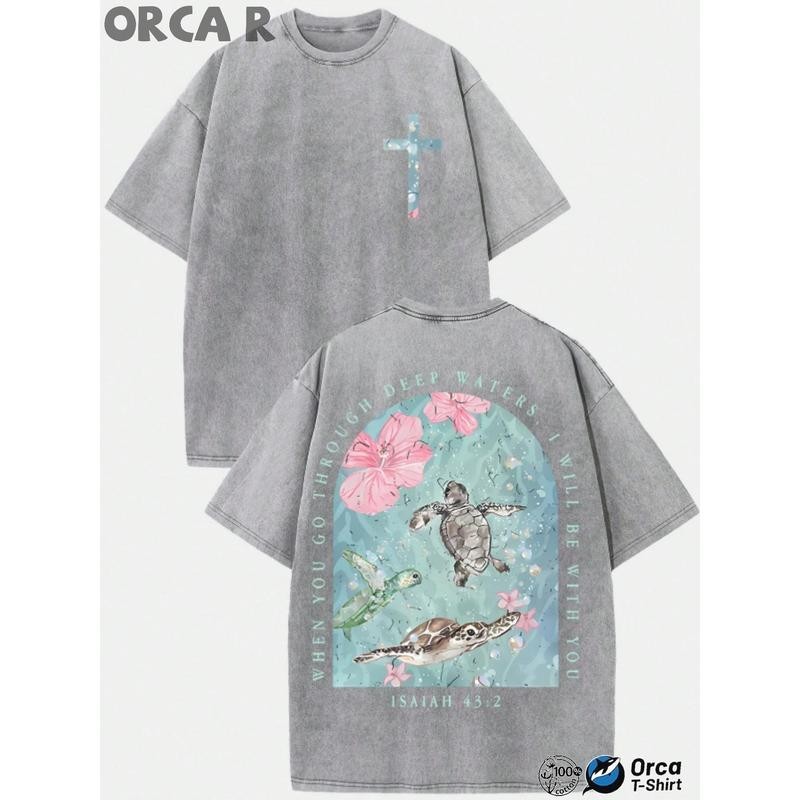 Men's Vintage Washed Pure Cotton T-Shirt - Oversized Streetwear Tee with Sea Tur Men's Vintage Washed Pure Cotton T-Shirt - Oversized Streetwear Tee with Sea Tur
