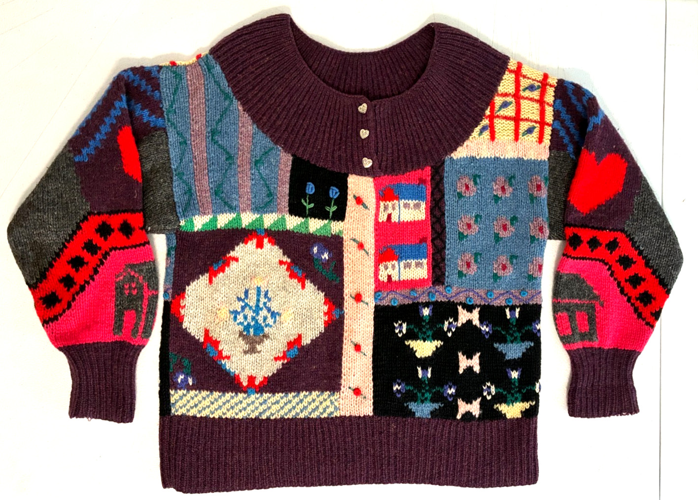 Vintage Hand Knit The Eagles Eye Sweater Cottage Core Grandma Womens Medium Wool