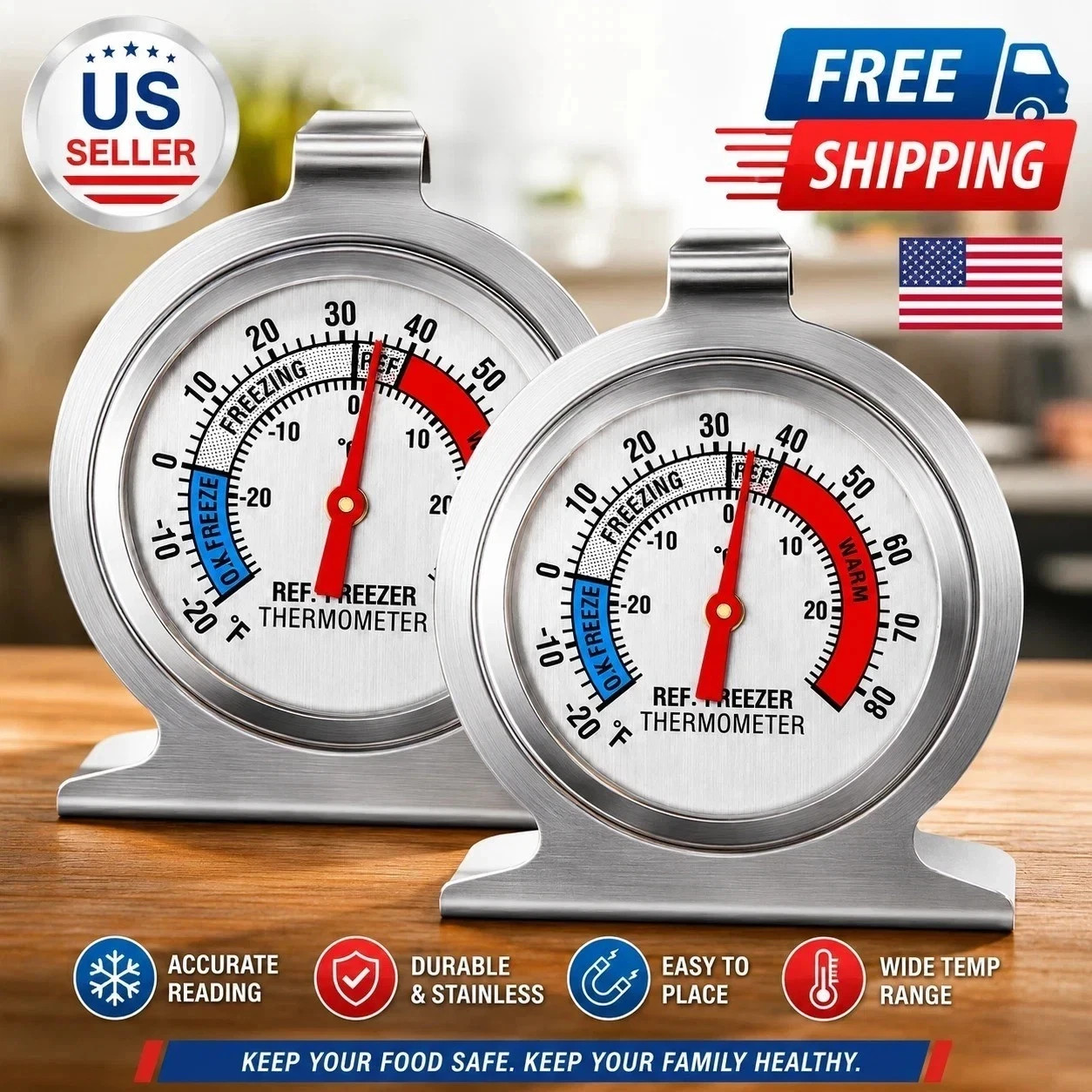 2 Pack Refrigerator Freezer Thermometer Large Dial Analog Thermometer