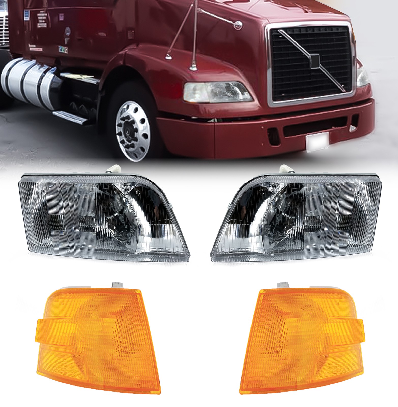 Pair 1998-2011 Volvo VNL 300 VNM 200 Daycab Truck Headlights with Corner Lamps