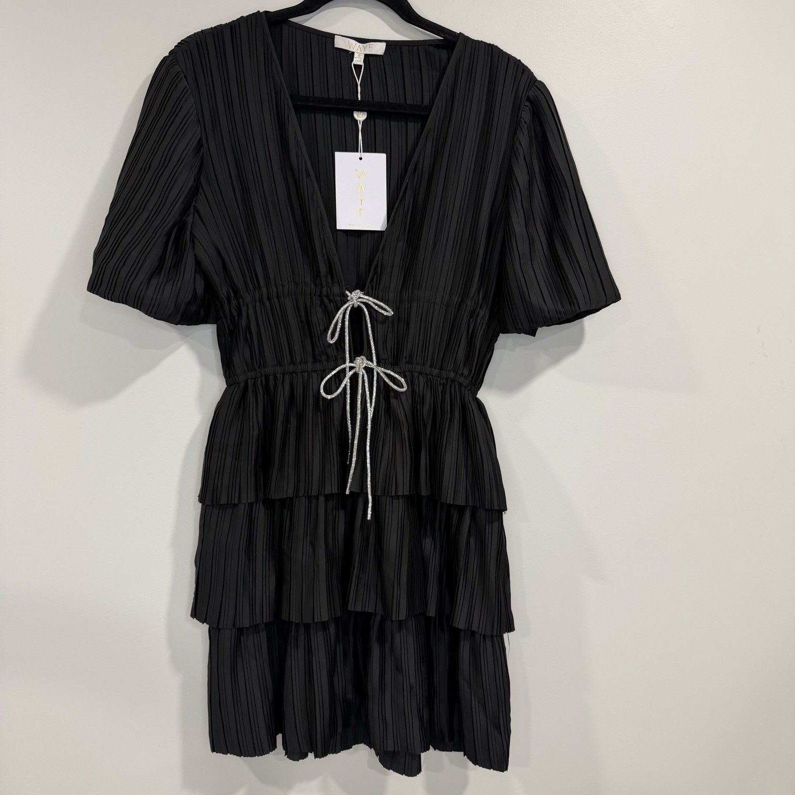 WAYF Thinking of You Pleated Satin V Neck Mini Black Dress Size S NWT