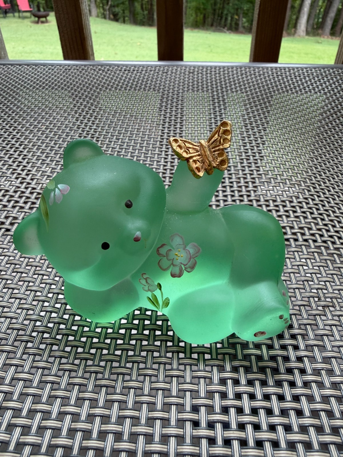 Fenton Green Satin painted/signed lounging bear with gold butterfly Fenton Green Satin painted/signed lounging bear with gold butterfly
