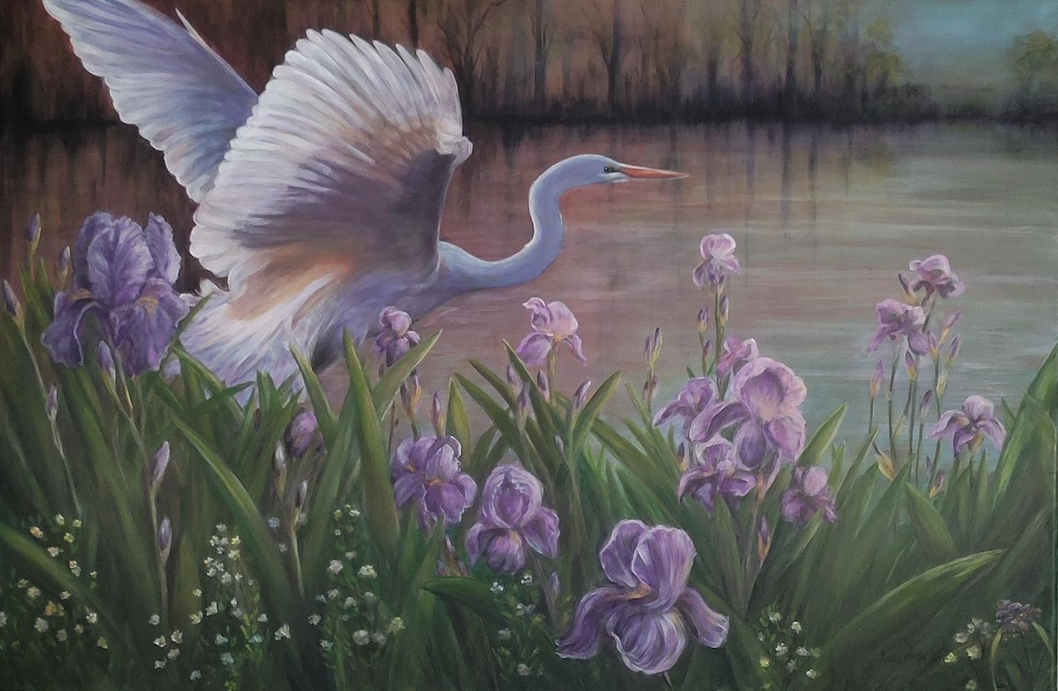 Original Expressive 24 x 36 Egret Flight Acrylic Canvas Art Painting