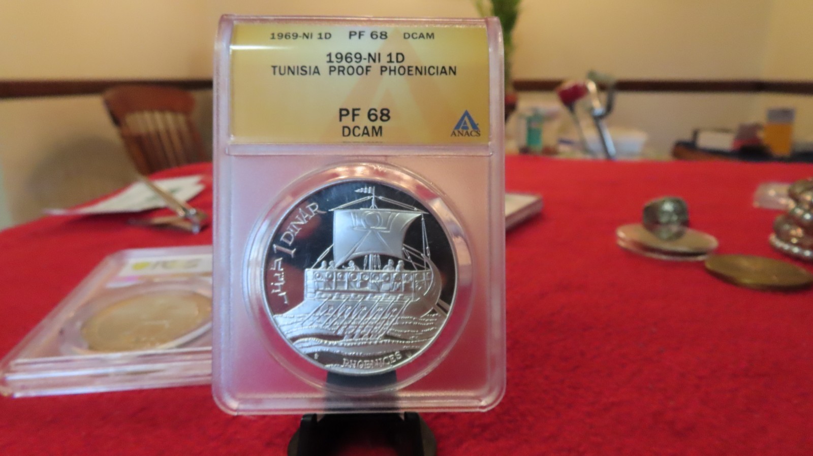 1969 TUNISIA SILVER 1 DINAR PHOENICIAN SHIP ANACS PF 68 ULTRA CAMEO PQ TOP POP