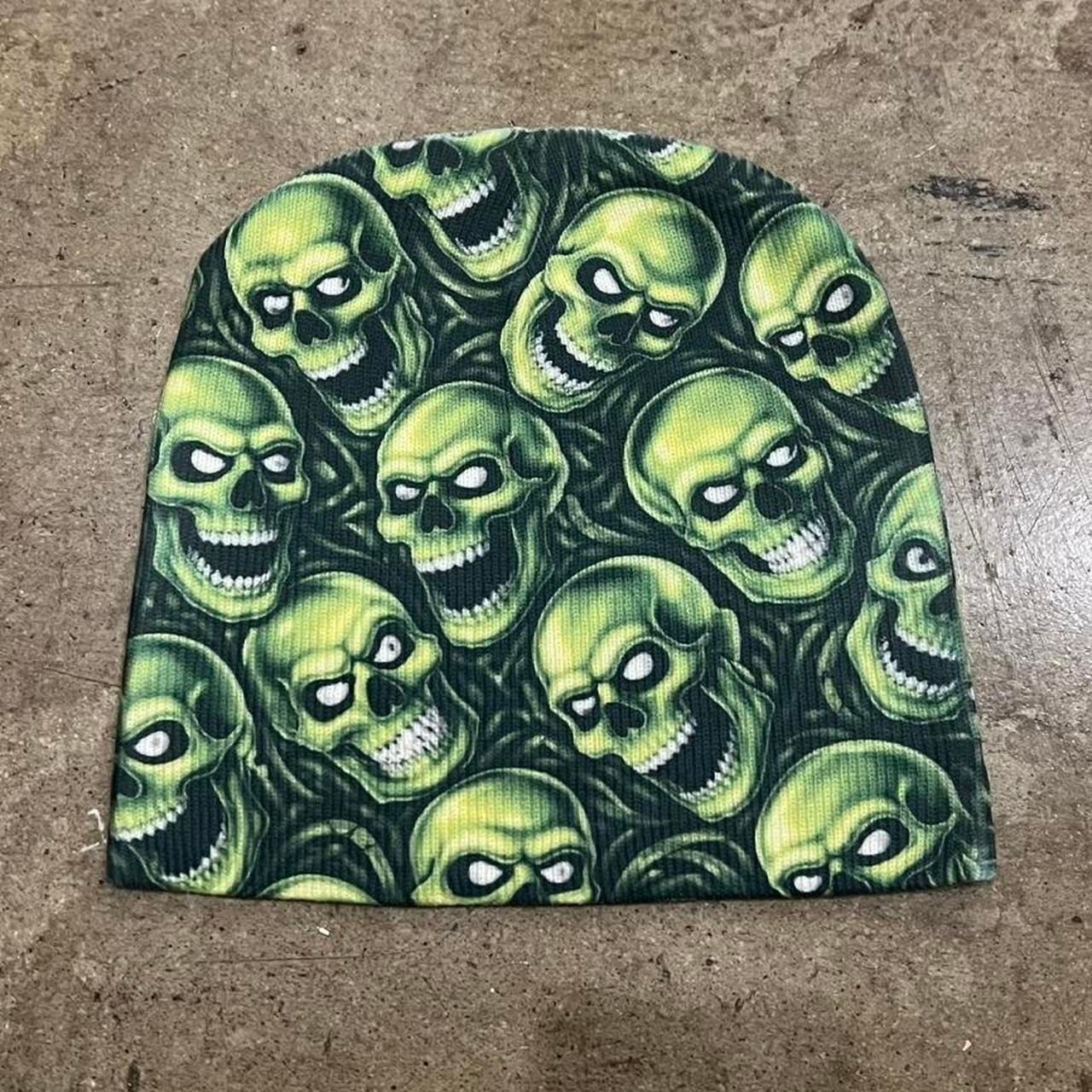 Green y2k skull beanie