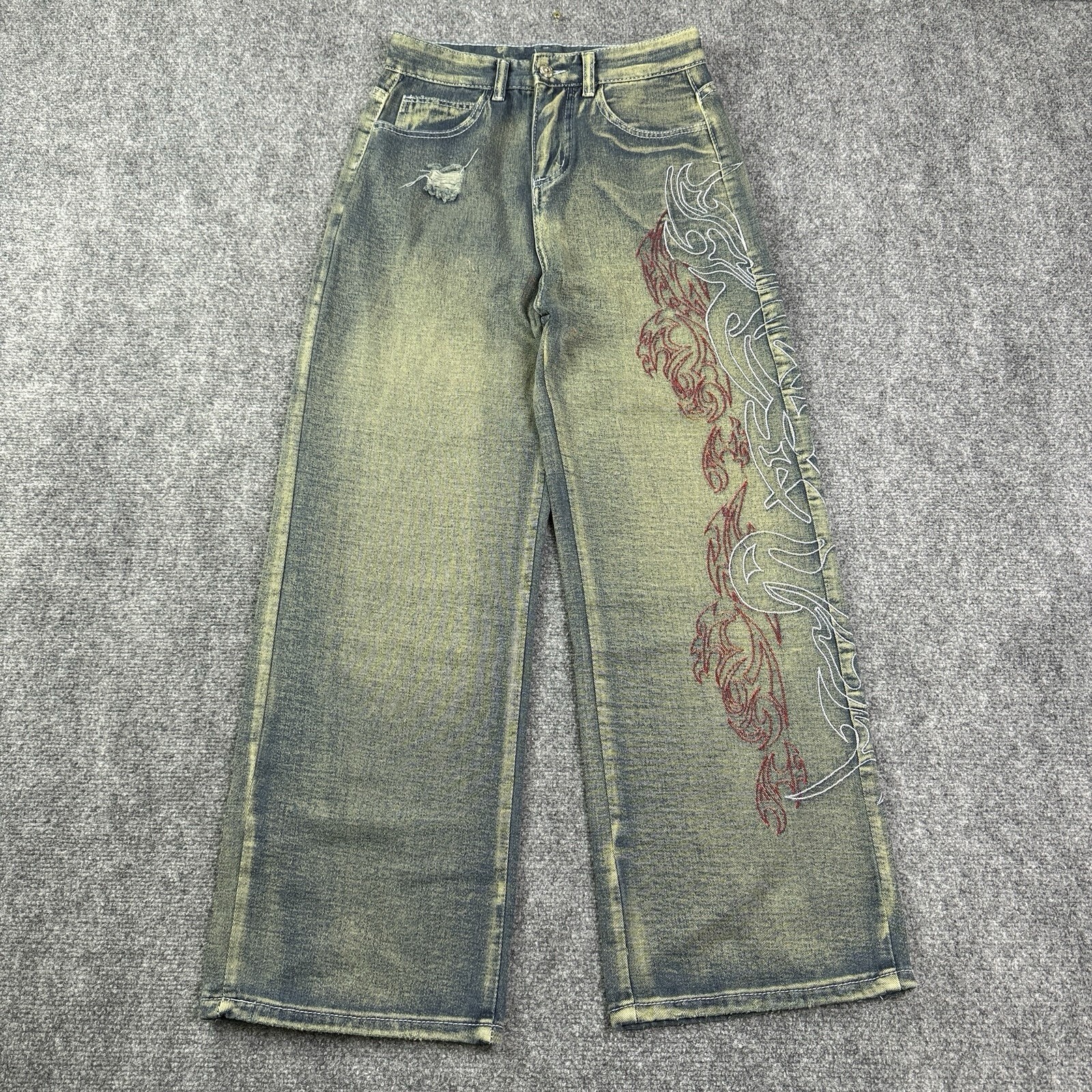 Womens Wide Leg Jeans Size 27 Waist Y2K Tribal Embroidered Baggy Jaded London?