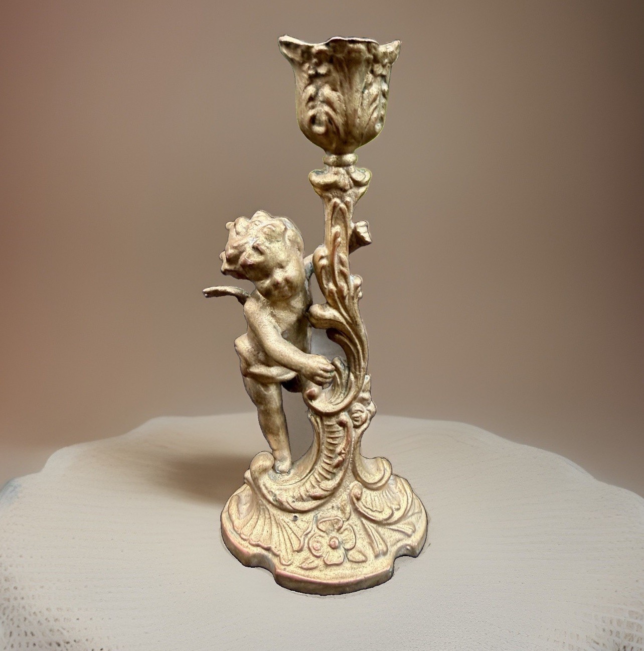Antique 19th Century French Style Gilded Bronze Putti Cherub CandleHolder Ornate Antique 19th Century French Style Gilded Bronze Putti Cherub CandleHolder Ornate