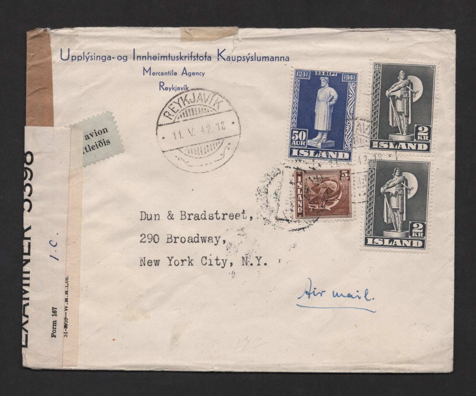 Iceland 1942 Wwii Censored Cover Franked With Two 2Kr Thorfinn Issues, Perf. 14