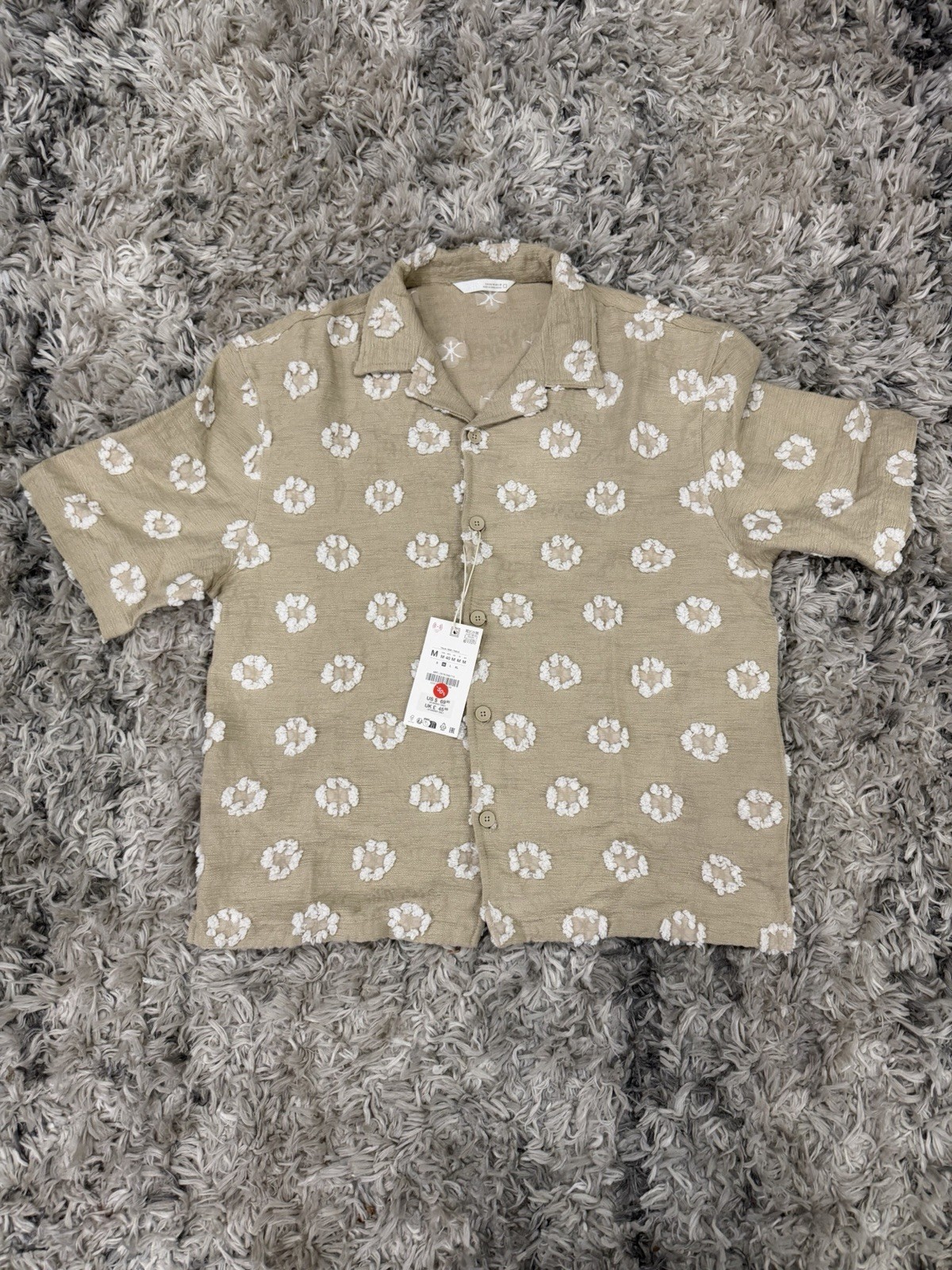 ZARA MAN TEXTURED JACQUARD SHIRT BEIGE WHITE Floral size Medium New