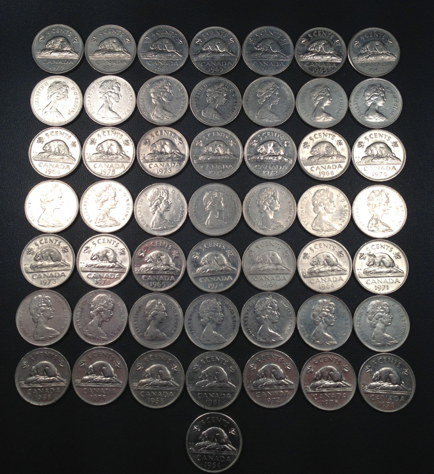 Old Canadian Nickel Lot - 50 Coins - 1953-1981 - PURE NICKEL - 