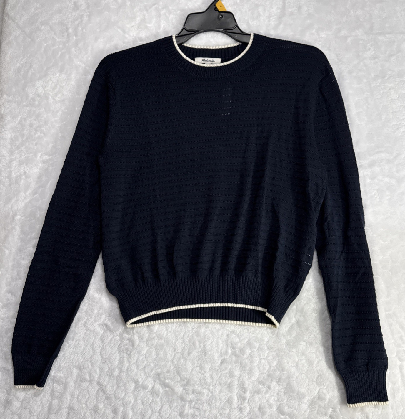 Madewell Navy Blue Striped Textured-Stitch Crewneck Pullover Sweater Size Large