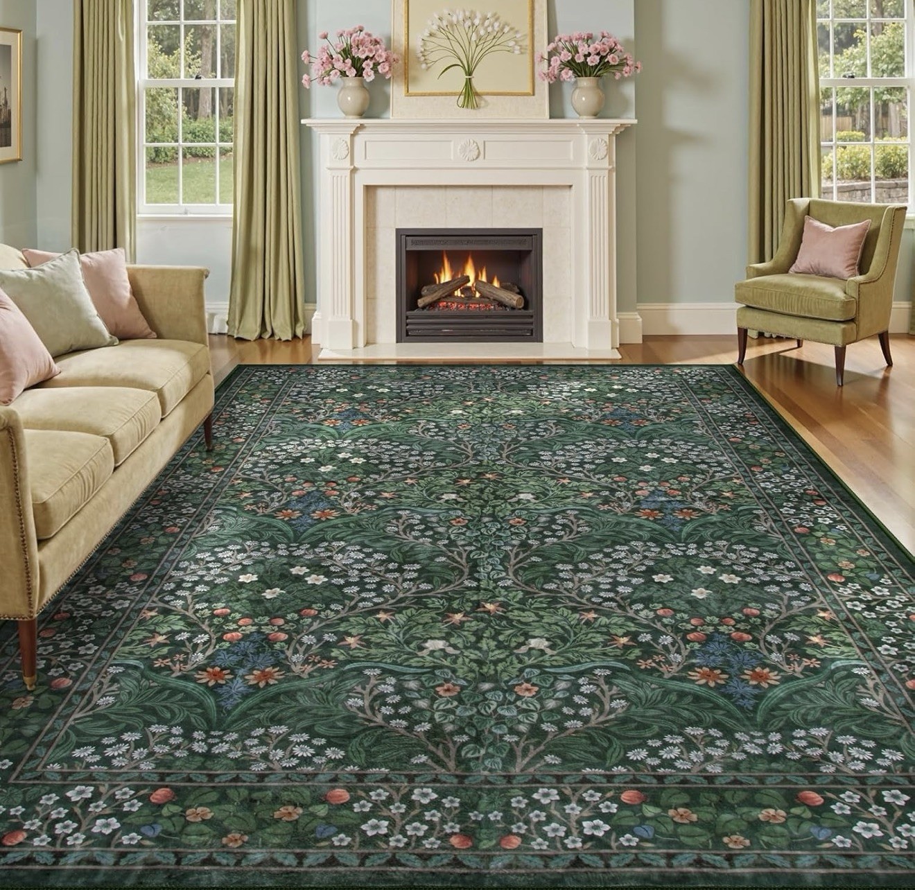Washable Non-Slip 10’x14’ Polyester Floral Bohemian Area Rug, Green Multicolor