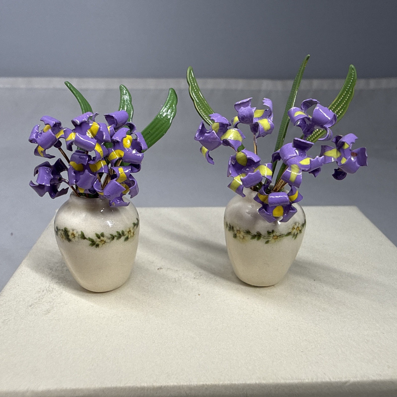 Vintage Dollhouse Miniature Pair Purple Iris Flowers Porcelain Vases 1:12 Scale