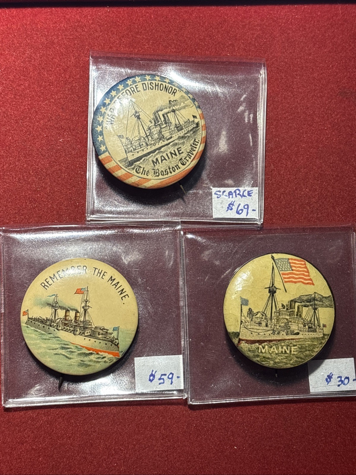 Antique 1890's Pinback Button Lot Of (3) Remember The U.S.S. Maine Battleship Antique 1890's Pinback Button Lot Of (3) Remember The U.S.S. Maine Battleship