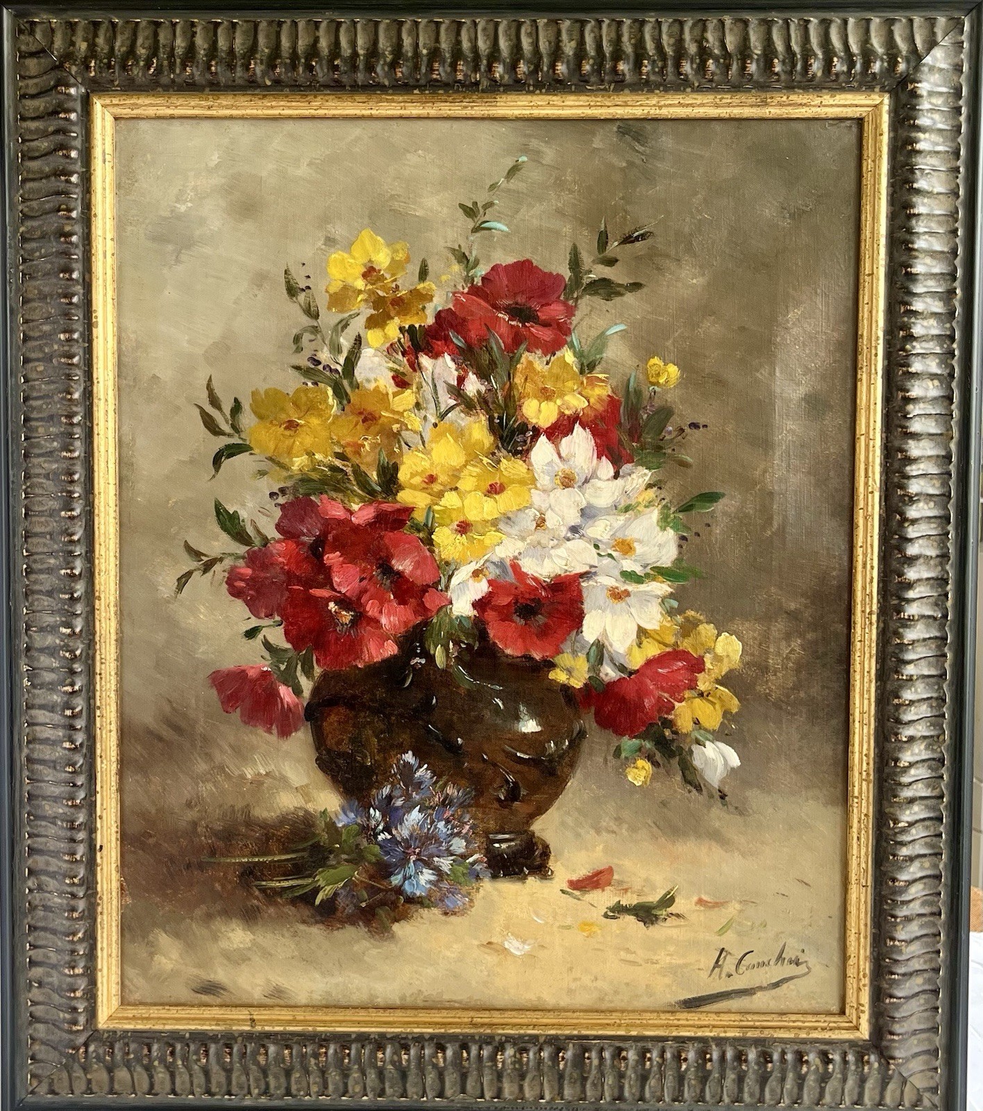 French Floral Still Life Oil Painting Ornate Frame Signed H. Comechain c.1950