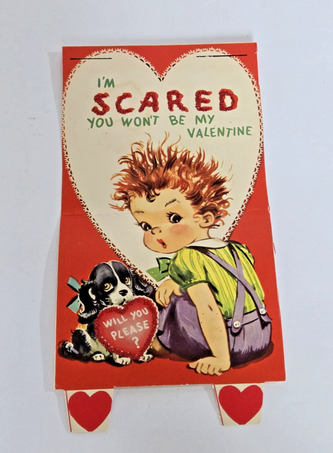 Vintage 1950s Valentine Card Boy Puppy Scared Halloween Spooky Theme 7”