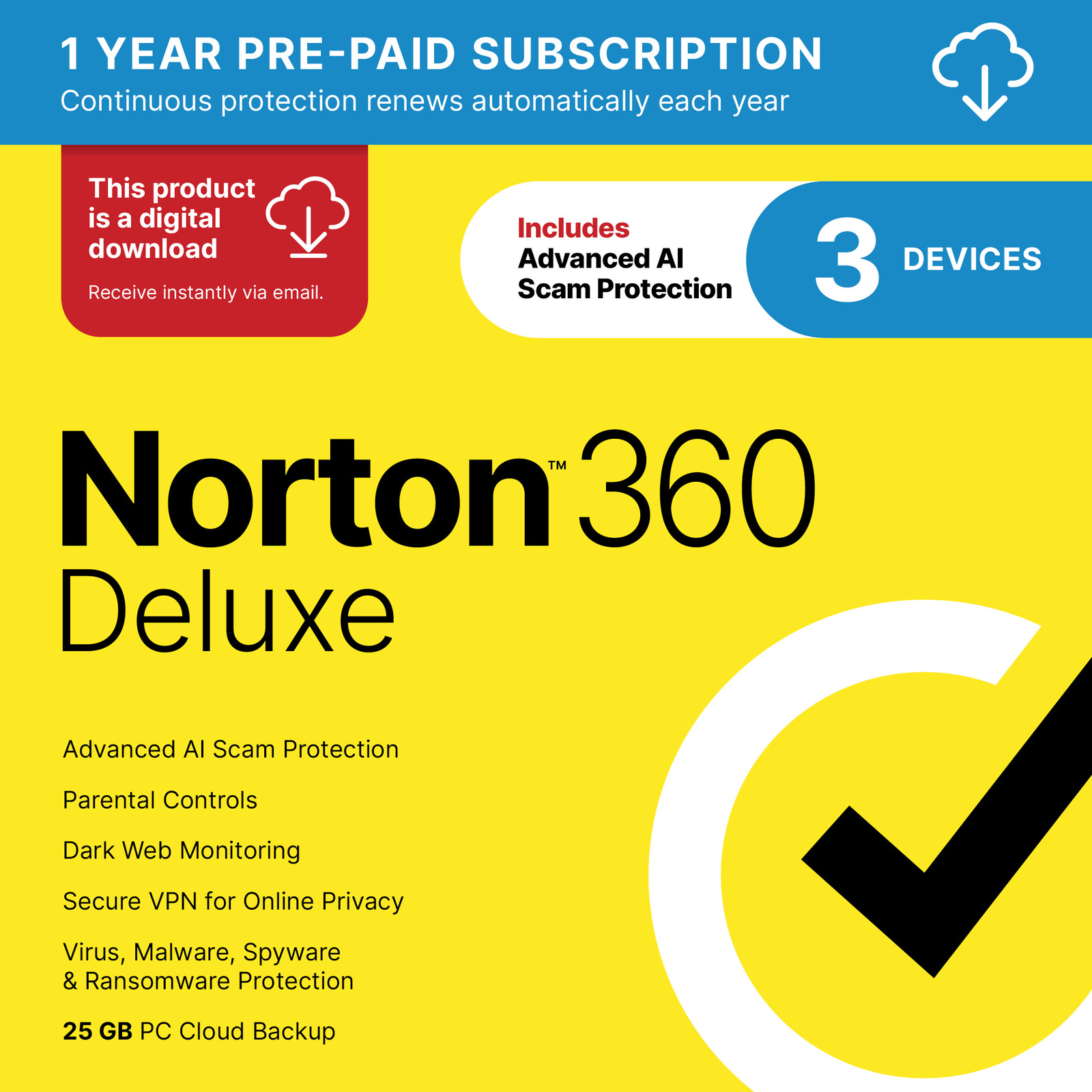 Norton 360 Deluxe | 3 Devices | Digital Download Code sent by Email Norton 360 Deluxe | 3 Devices | Digital Download Code sent by Email