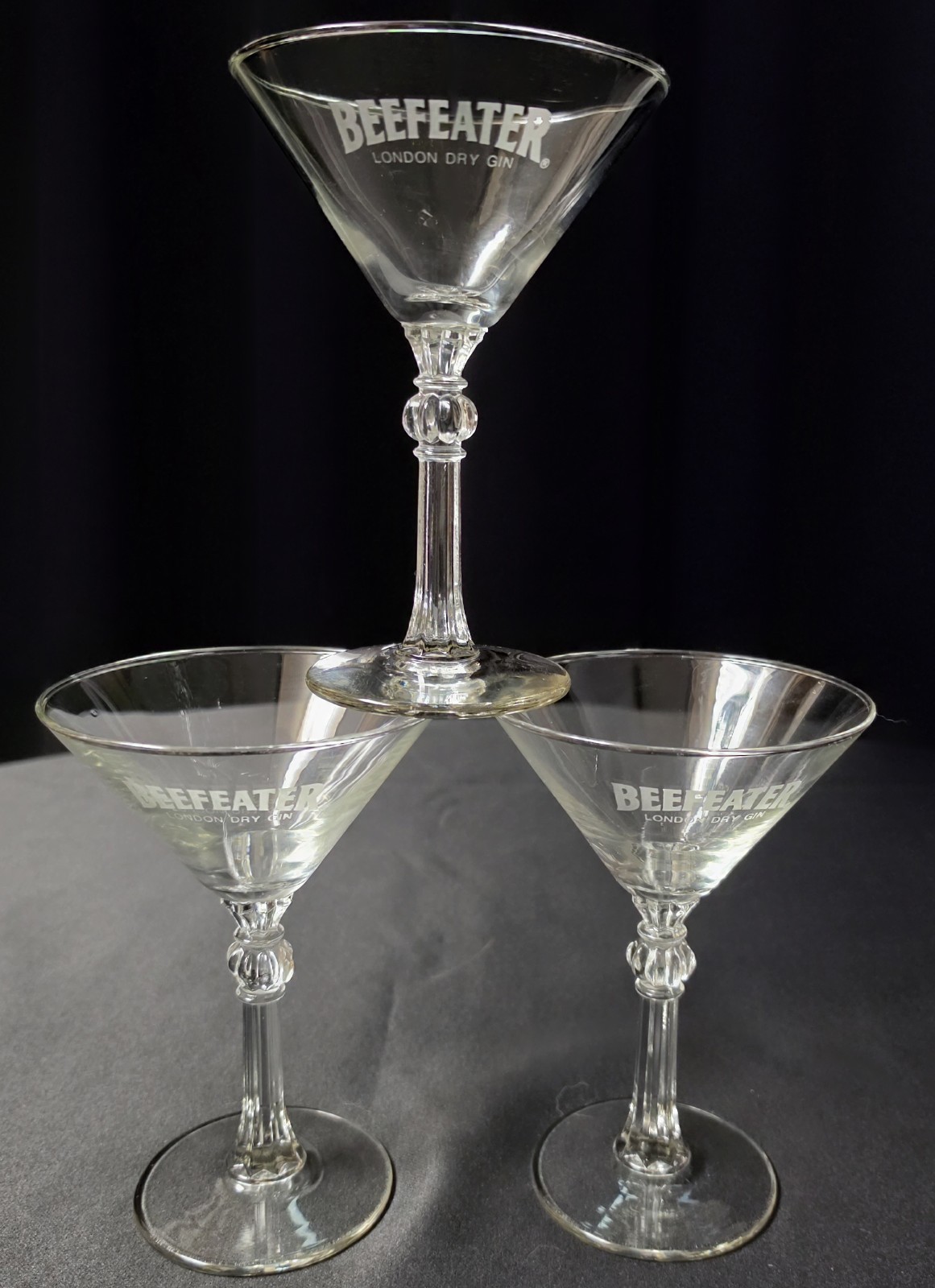 Vtg Beefeater Gin Martini Glasses Set of 3 Clear Ornate Stemmed Barware