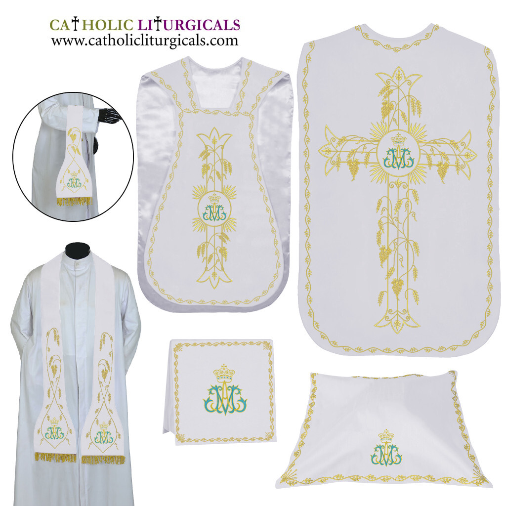 NEW WHITE Roman Chasuble Fiddleback Set Vestment 5pcs mass set AM embroidery