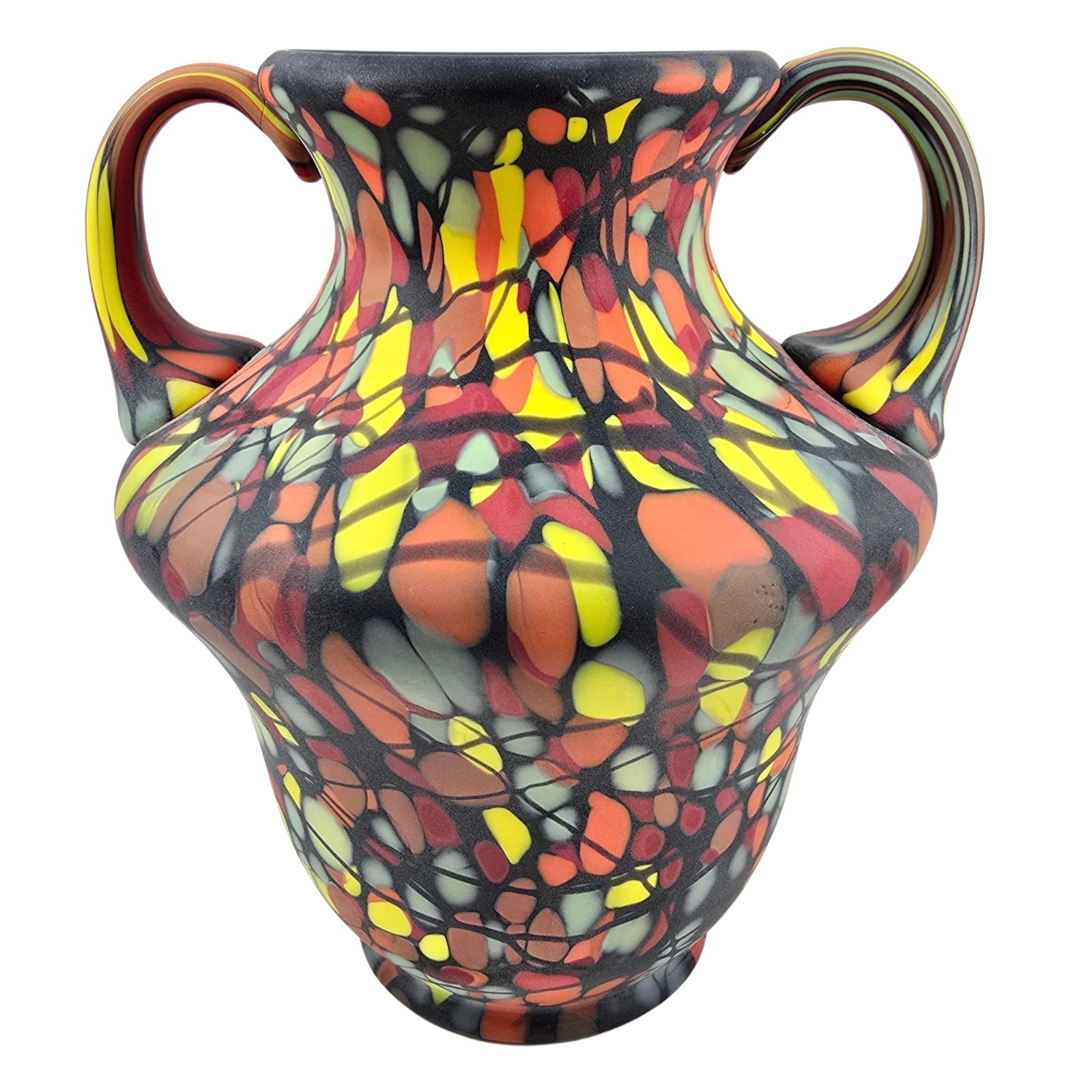 Vintage Fenton Hand Blown Glass Vase by Dave Fetty Myriad Mosaic Double Handled Vintage Fenton Hand Blown Glass Vase by Dave Fetty Myriad Mosaic Double Handled