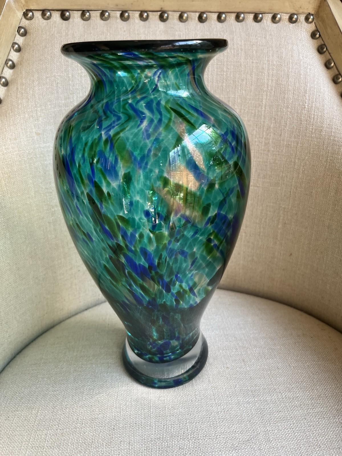 Murano turquoise / blue / gold splash hand-blown Heavy Glass Vase.STUNNING VASE Murano turquoise / blue / gold splash hand-blown Heavy Glass Vase.STUNNING VASE