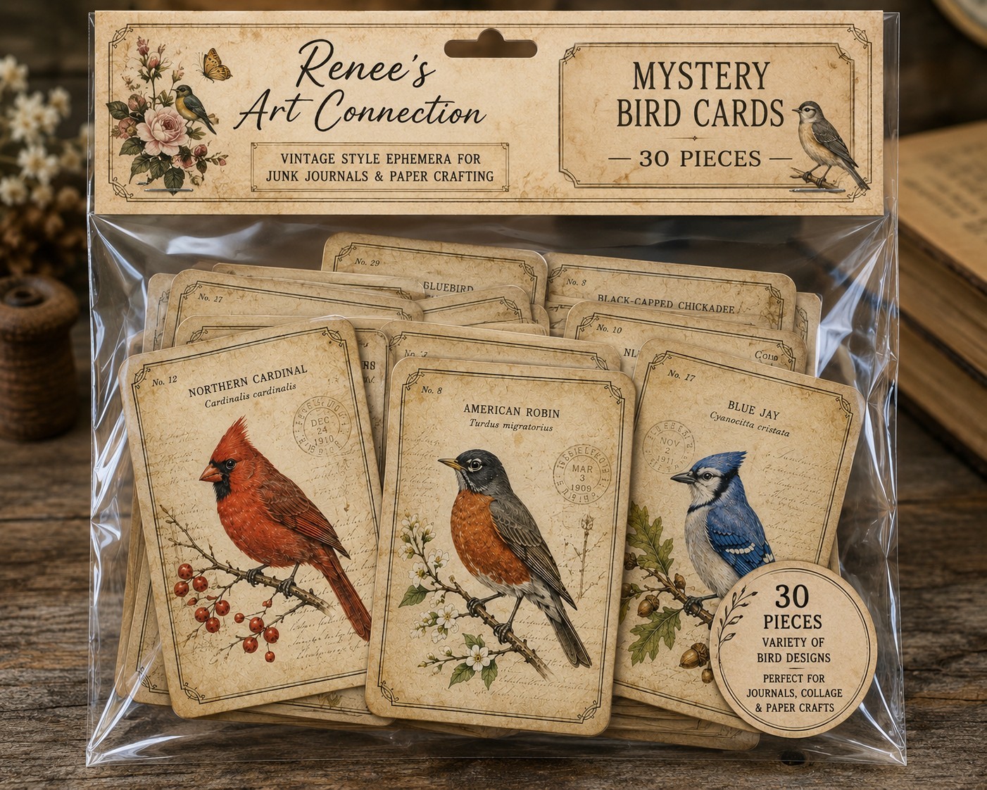 Vintage Bird Cards Mystery Pack – 30 Pieces  Junk Journal Ephemera Scrapbooking