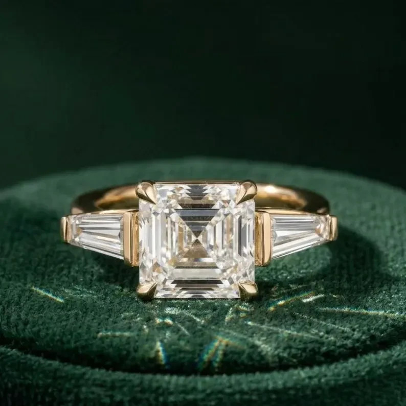 IGI 2.15 Ct Asscher Cut E/VS1 Lab Grown Diamond Three Stone Ring 14K Yellow Gold