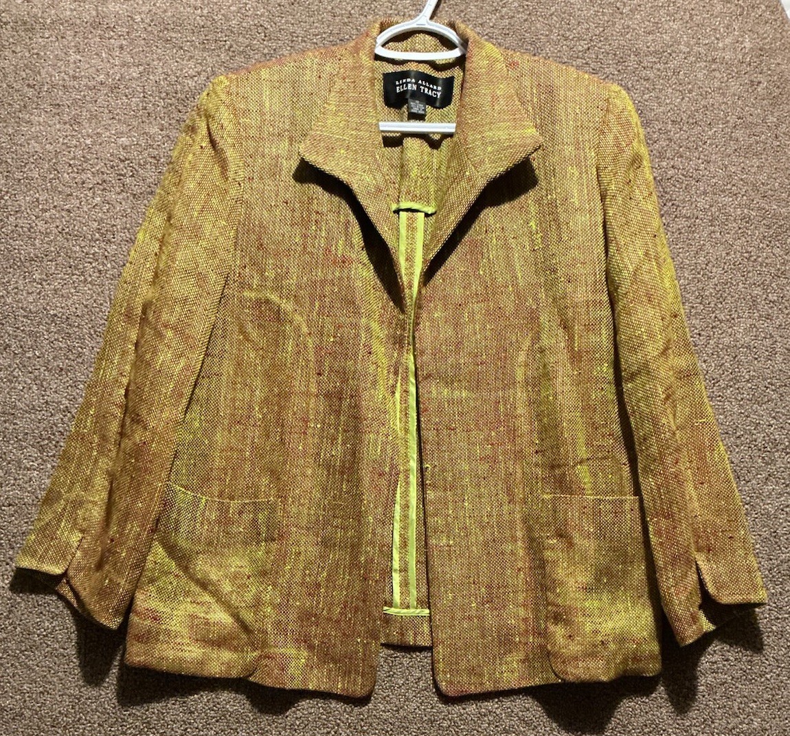 Linda Allard Ellen Tracy Linen Blend Jacket Yellow/burgundy Textured Weave 12