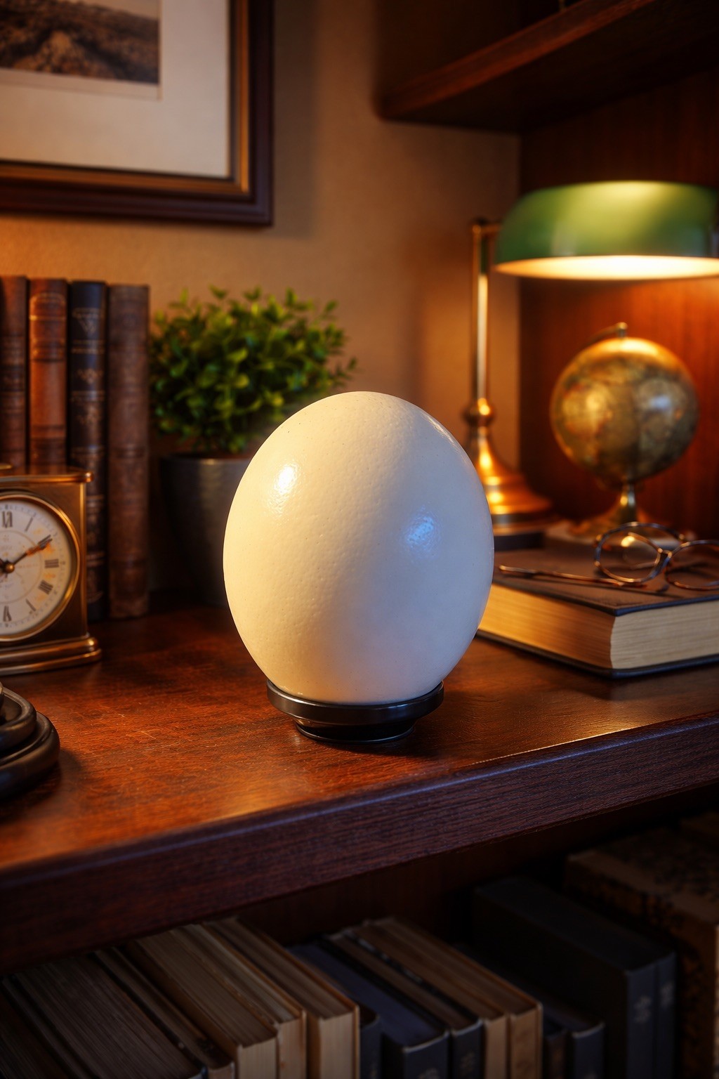 Genuine Ostrich Egg Shell Natural Specimen w Black Display Stand 5” Decor