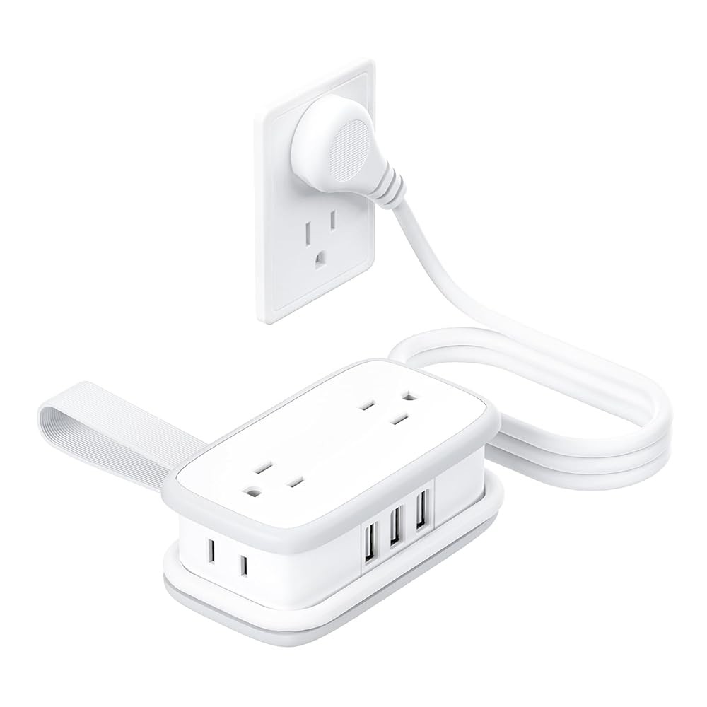 Portable Flat Plug Power Strip 4 Outlets 3 USB A 4 Ft Short Extension Cord White Portable Flat Plug Power Strip 4 Outlets 3 USB A 4 Ft Short Extension Cord White