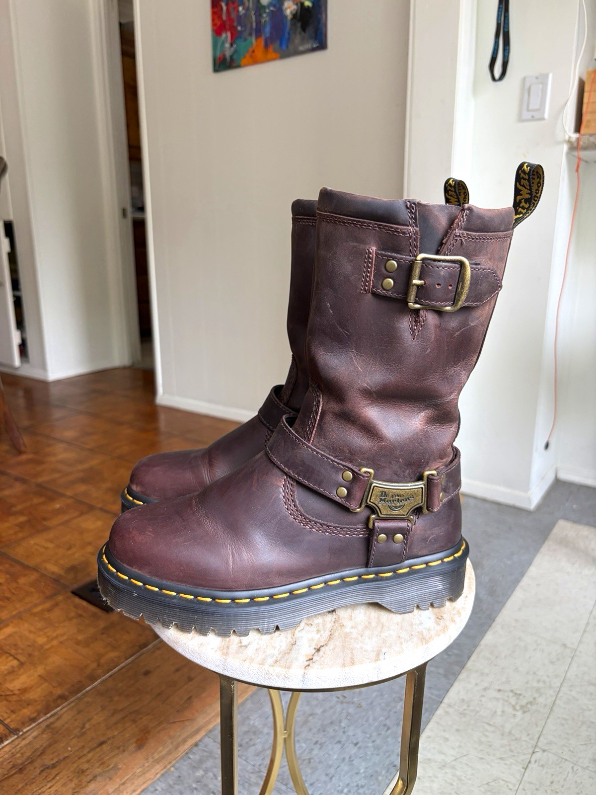 Dr. Martens Anistone Hi Women’s Brown Leather Harness Buckle Mid-Calf US 7