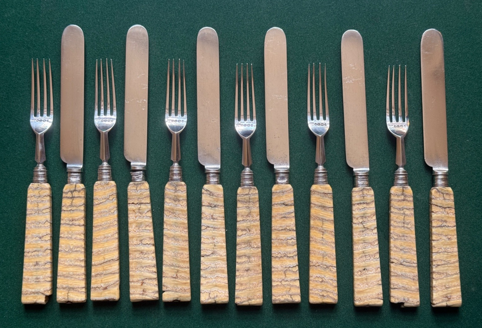 Antique Solid Silver Set of 6 Mammoth Tooth Fossil & Silver Cutlery Goldsmiths