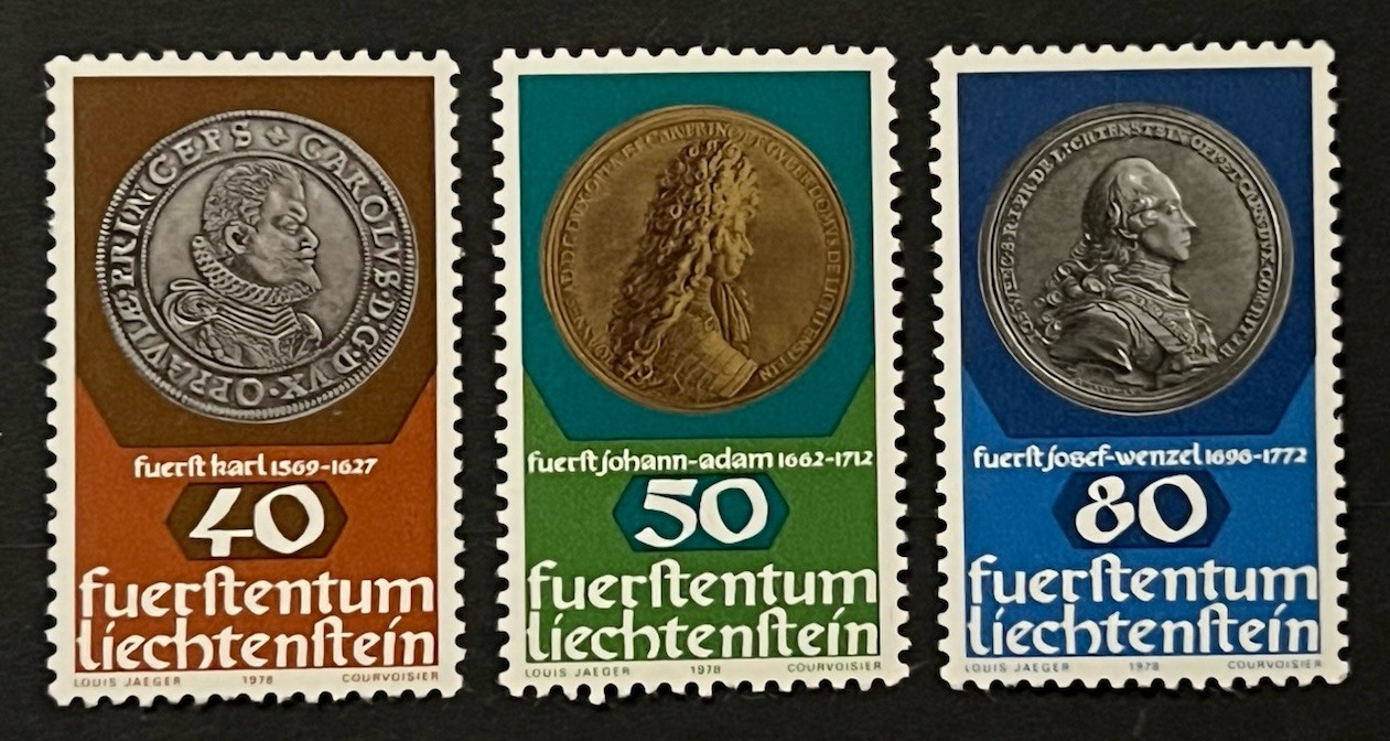 Travelstamps: 1977 Liechtenstein Stamps Scott #654-656 - Coins - Mint MNH OG Travelstamps: 1977 Liechtenstein Stamps Scott #654-656 - Coins - Mint MNH OG