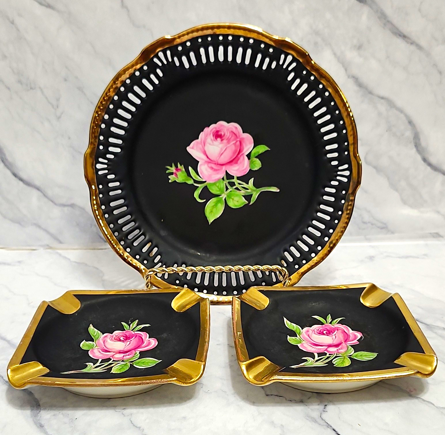 Schumann Arzberg Black Beauty Porcelain Hand Painted 3pc Plate Set W Germany Schumann Arzberg Black Beauty Porcelain Hand Painted 3pc Plate Set W Germany