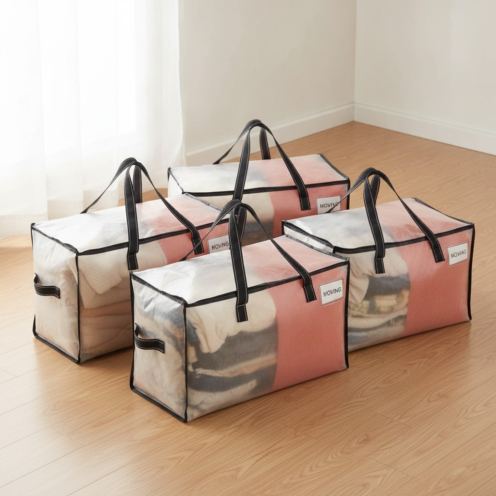 Moving Bags 4 Pk Transparent Wide Open 76L Ergonomic Easy Carry Tote 26x14x13 In