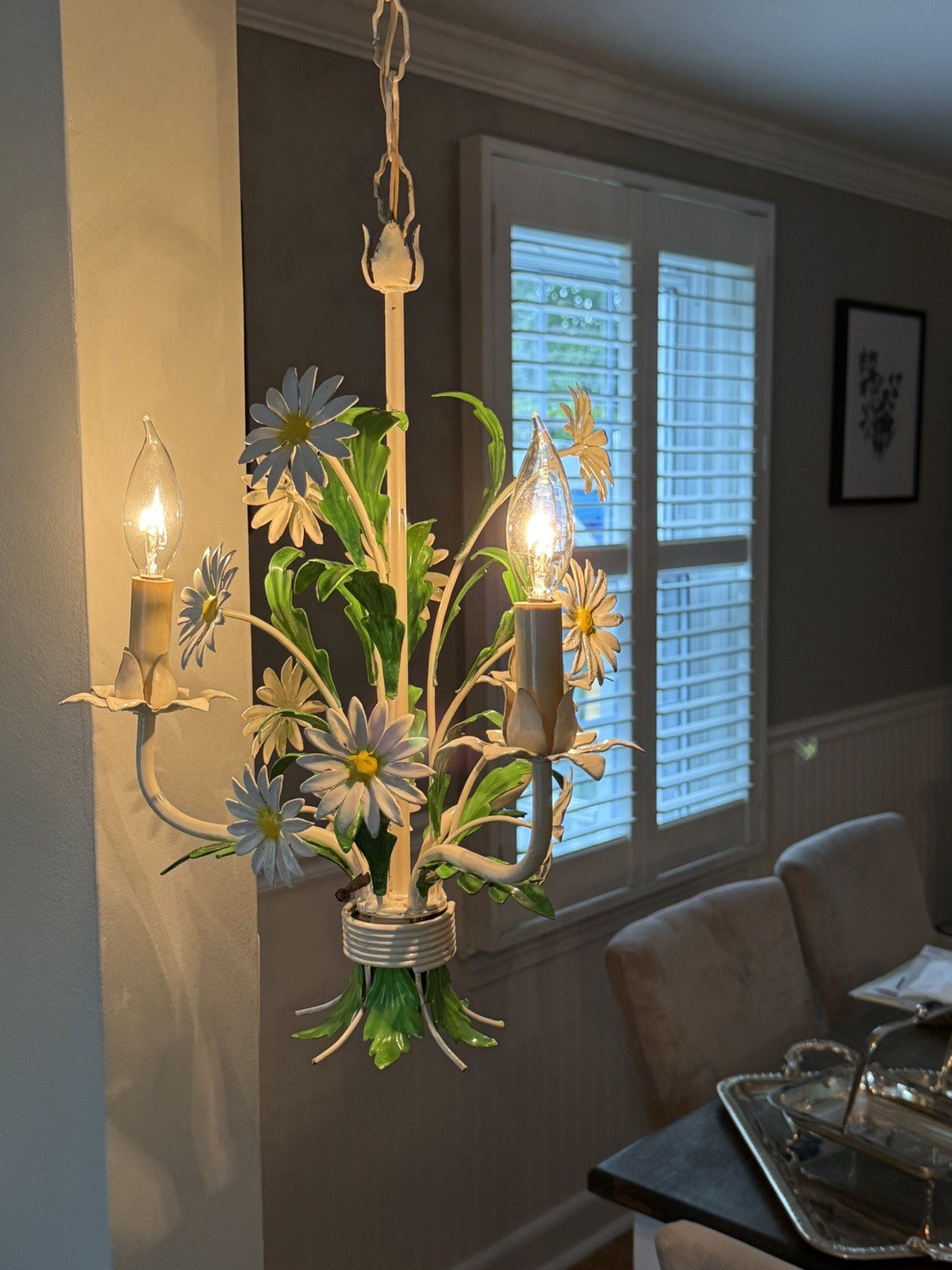 Vintage French Painted Toleware Daisy Chandelier Yellow Green Vintage French Painted Toleware Daisy Chandelier Yellow Green