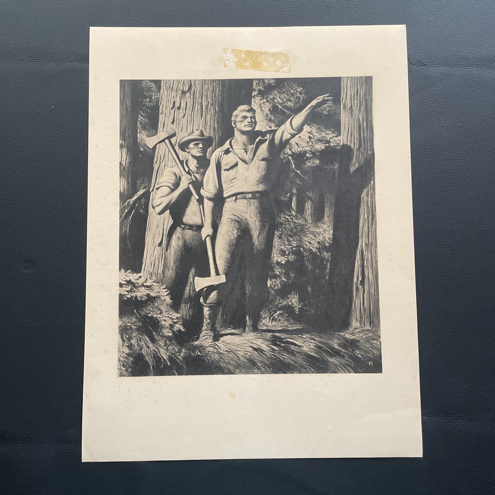 VTG 1950 Robert Riggs TWO LUMBERJACKS Lithograph art 9.5X11 on 11x14 Unsigned VTG 1950 Robert Riggs TWO LUMBERJACKS Lithograph art 9.5X11 on 11x14 Unsigned