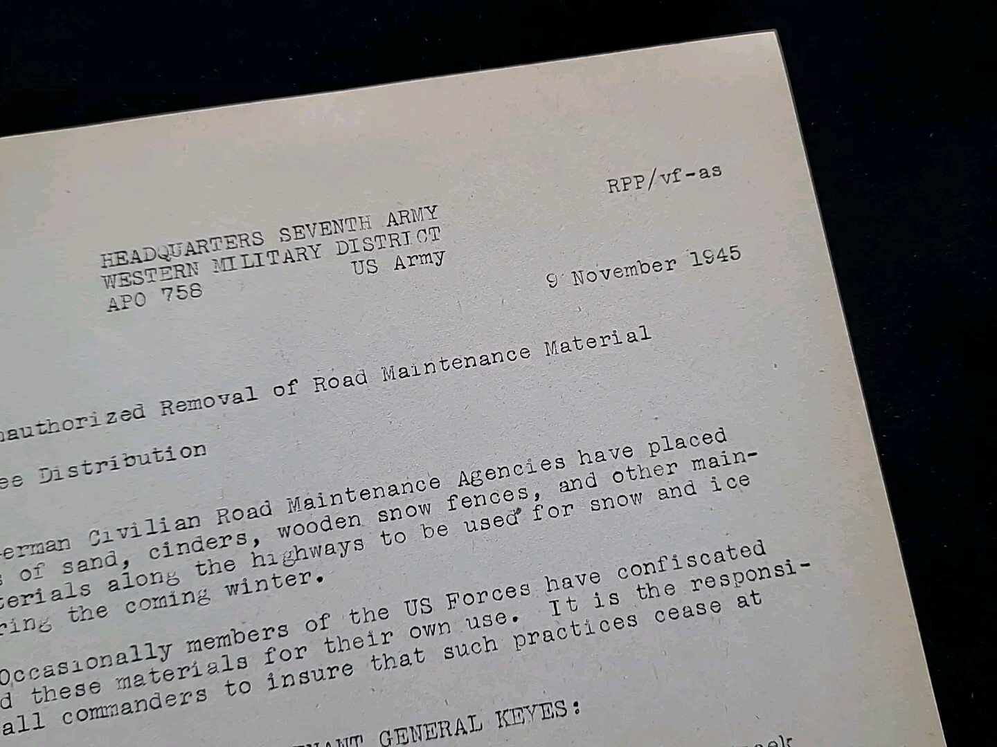 1945 U.S. Seventh Army Road Maintenance Materials Directive Geoffrey Keyes WWII