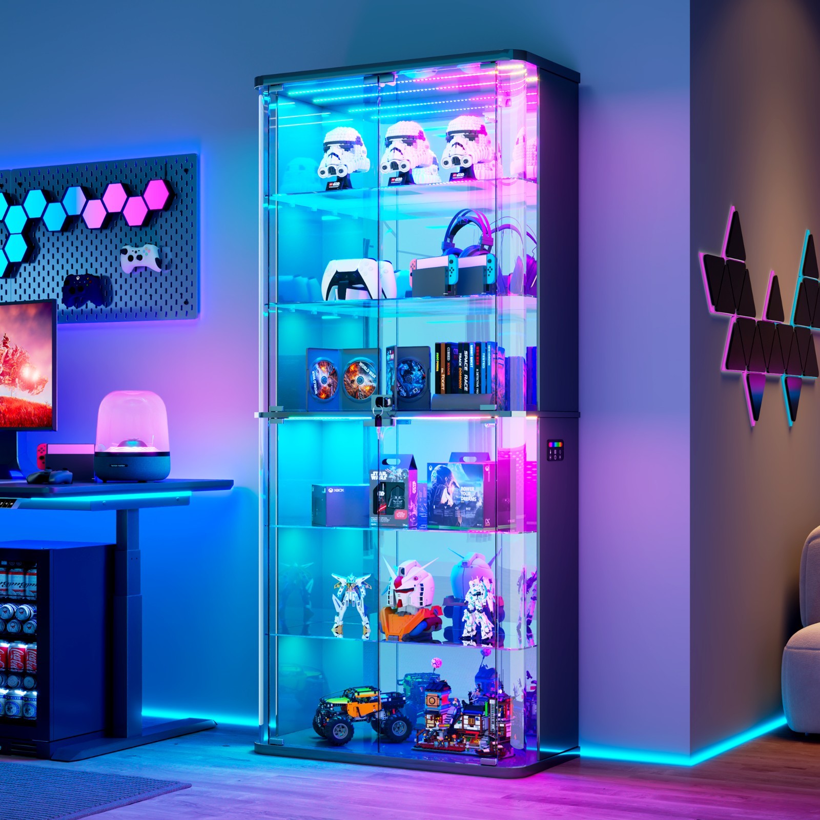 6-Tier Rounded Display Cabinet with Glass Doors and RGB Lights for Collectibles