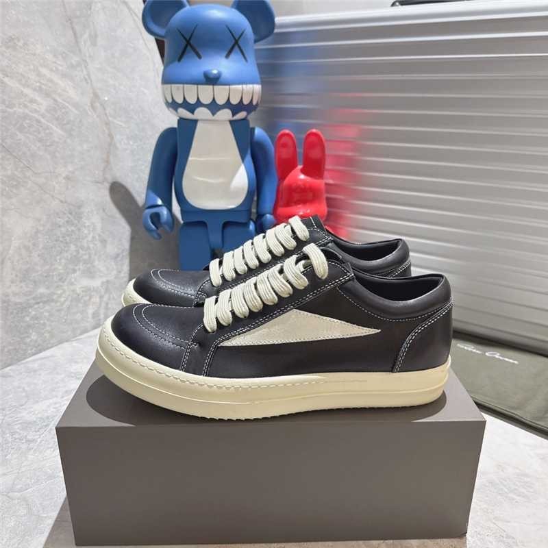 Rick Owens Men's Black White Leather Low‑Top Sneakers Thick Off‑White Sole