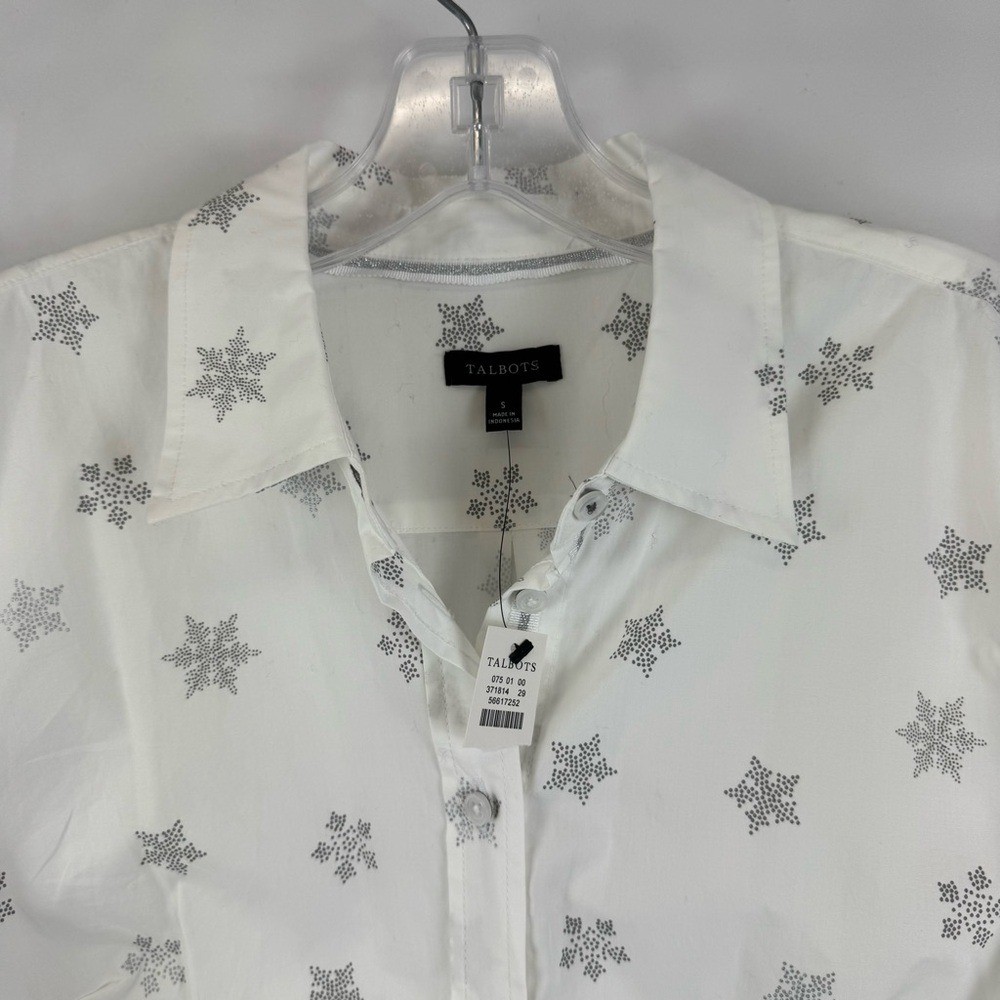 Talbots White Cotton Button Down Shirt Silver Snowflake Print Small NWT
