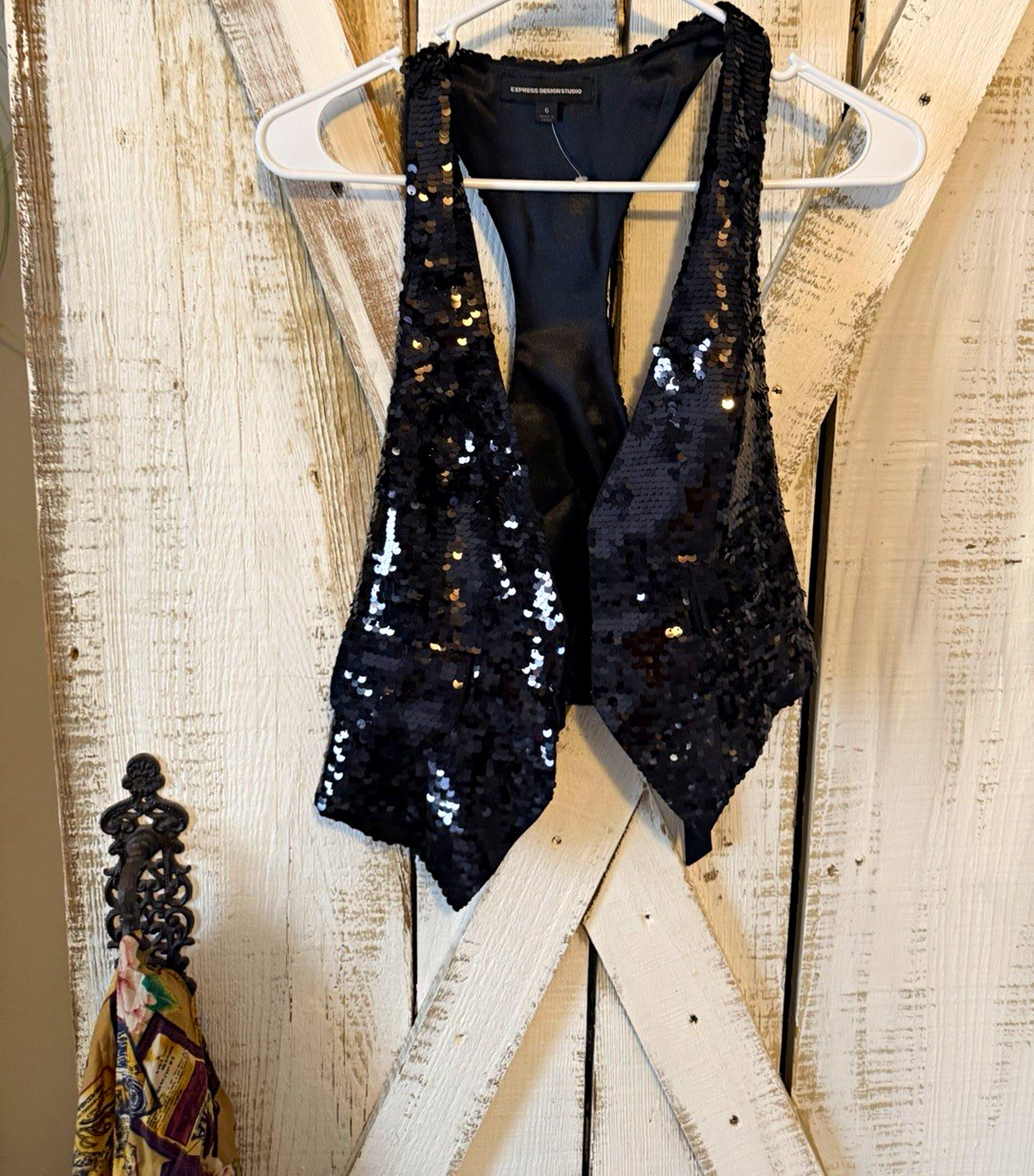 Express Design Studio Black Sequin Camisole Top V-Neck Sleeveless Size 6