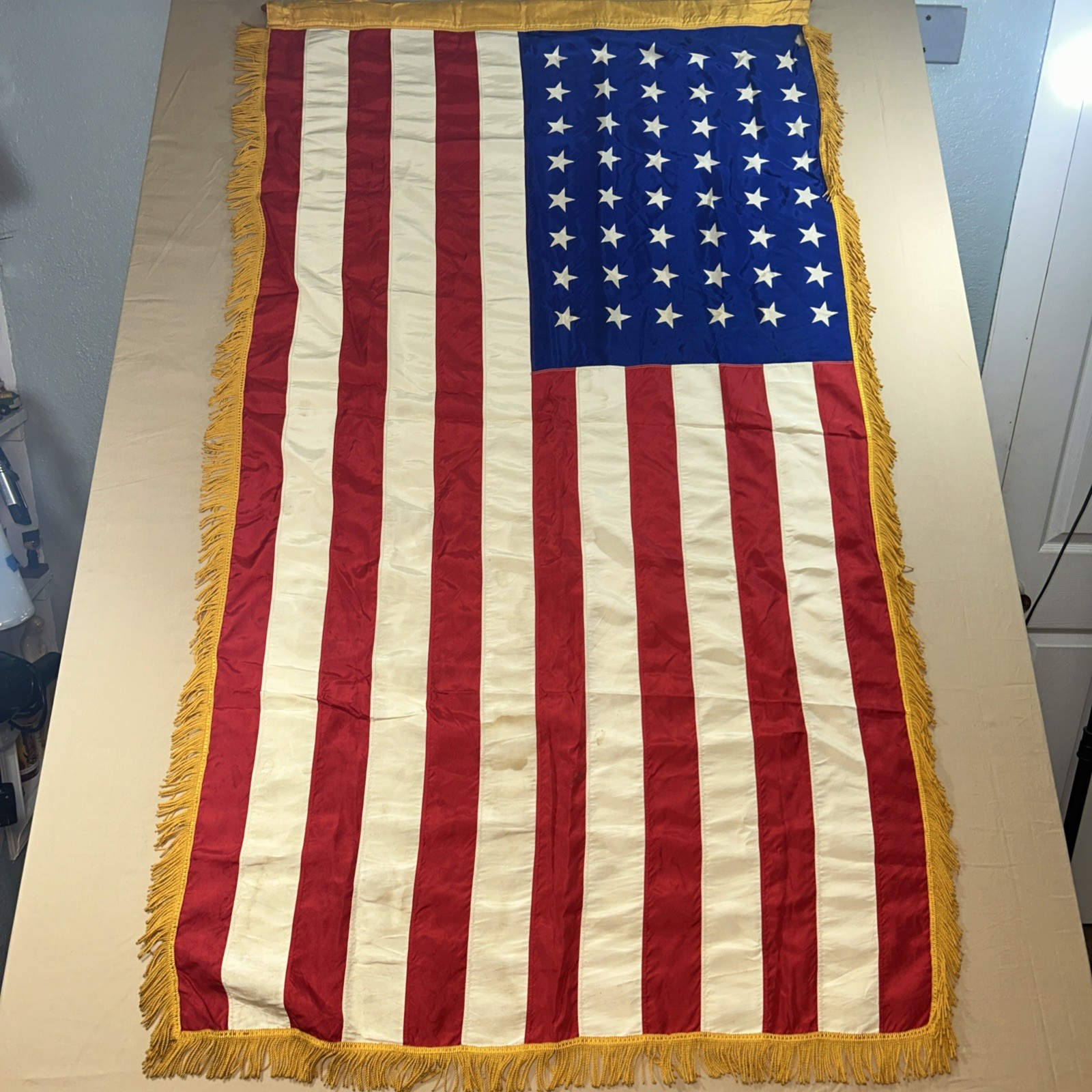 48 Star American Flag Gold Fringe 3\' x 5\' USA Nylon Double Sided Vintage