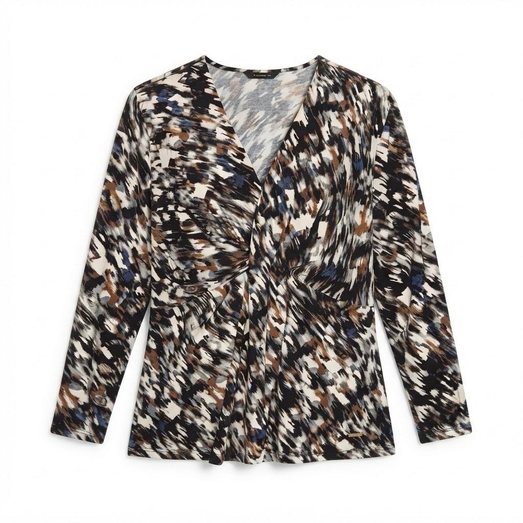 Anne Klein Women\'s V-Neck Abstract Print Long Sleeve Blouse Top Size L Buttery