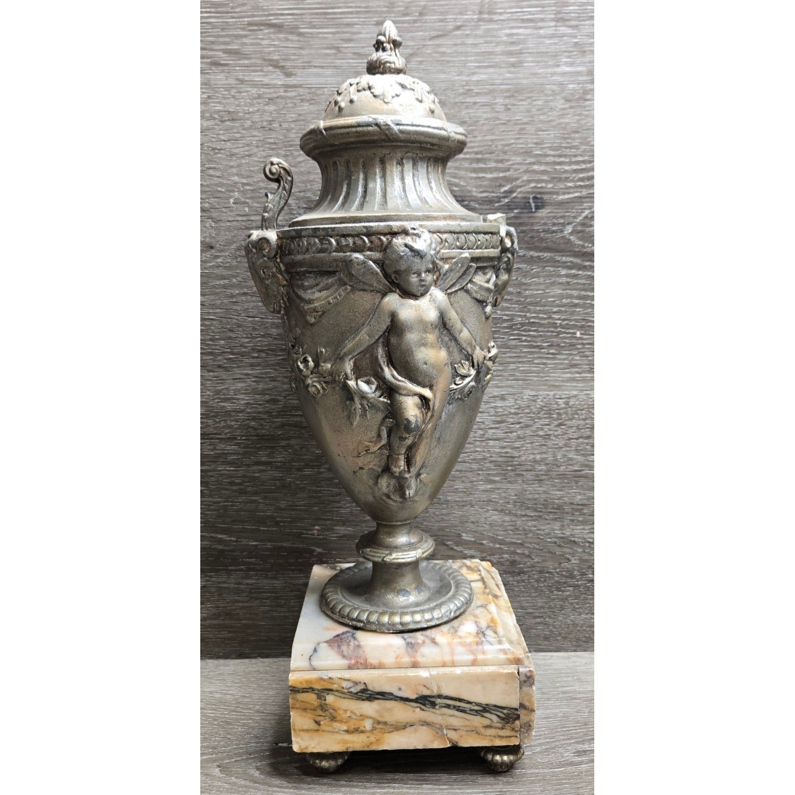 Antique Cherub Putti Metal Urn Marble Base Ornate Neoclassical French Sculpture