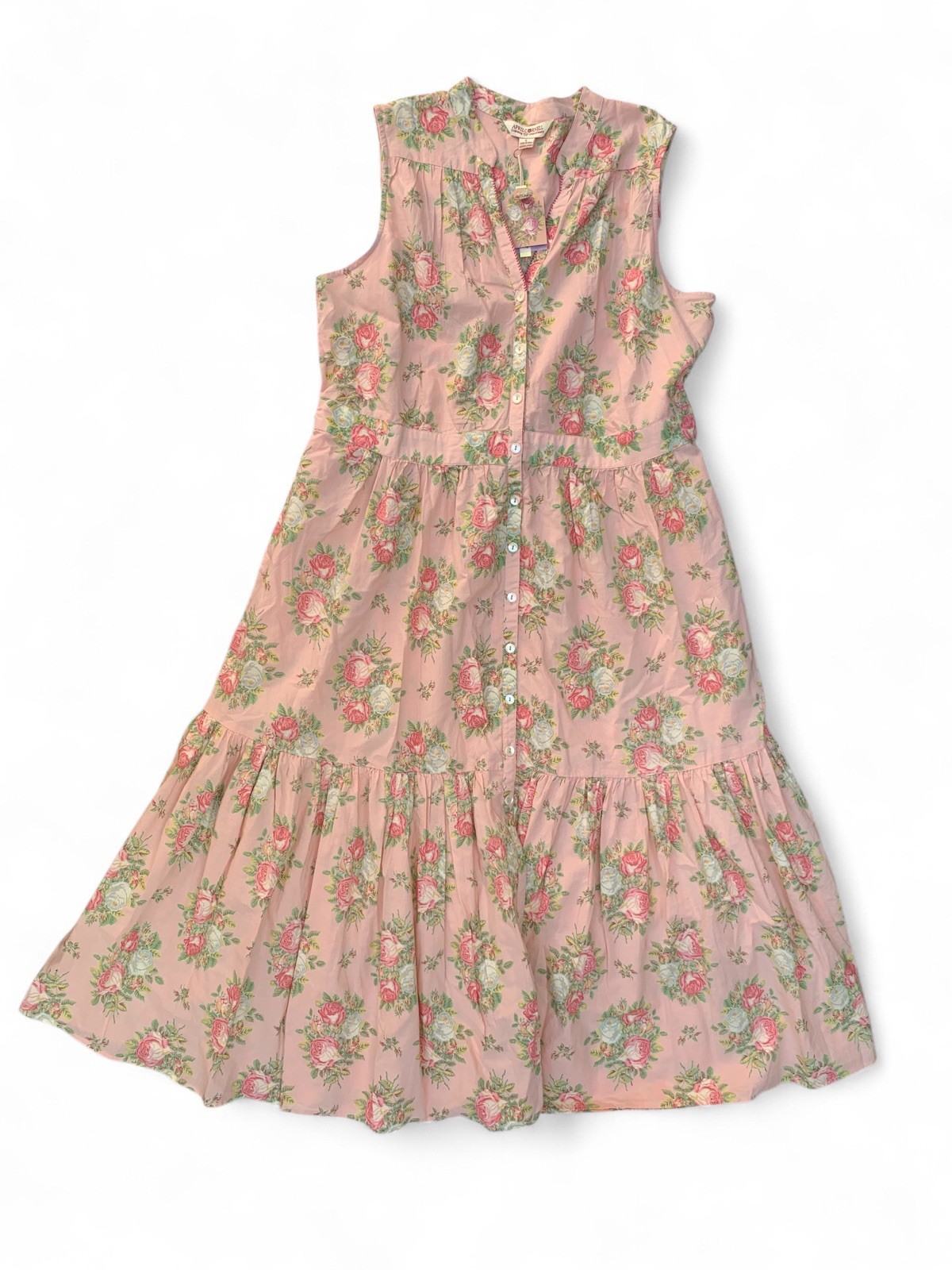 APRIL CORNELL 100% COTTON Rose Print Ruffle DRESS Women’s L Large NWT Pockets