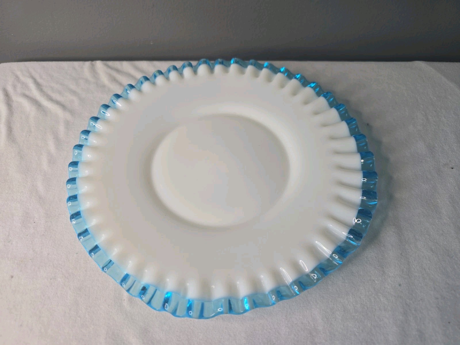 VTG. Fenton Aqua Crest Ruffled Milk Glass Plate Rare 1948-1954 11.5 “ Wide Rim VTG. Fenton Aqua Crest Ruffled Milk Glass Plate Rare 1948-1954 11.5 “ Wide Rim