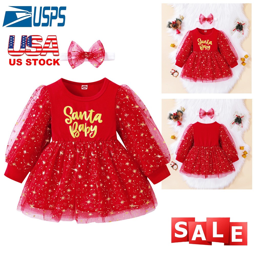 2PCS Baby Girl Christmas Letter Tutu Tulle Dresses Long Sleeve Fall Winter Set