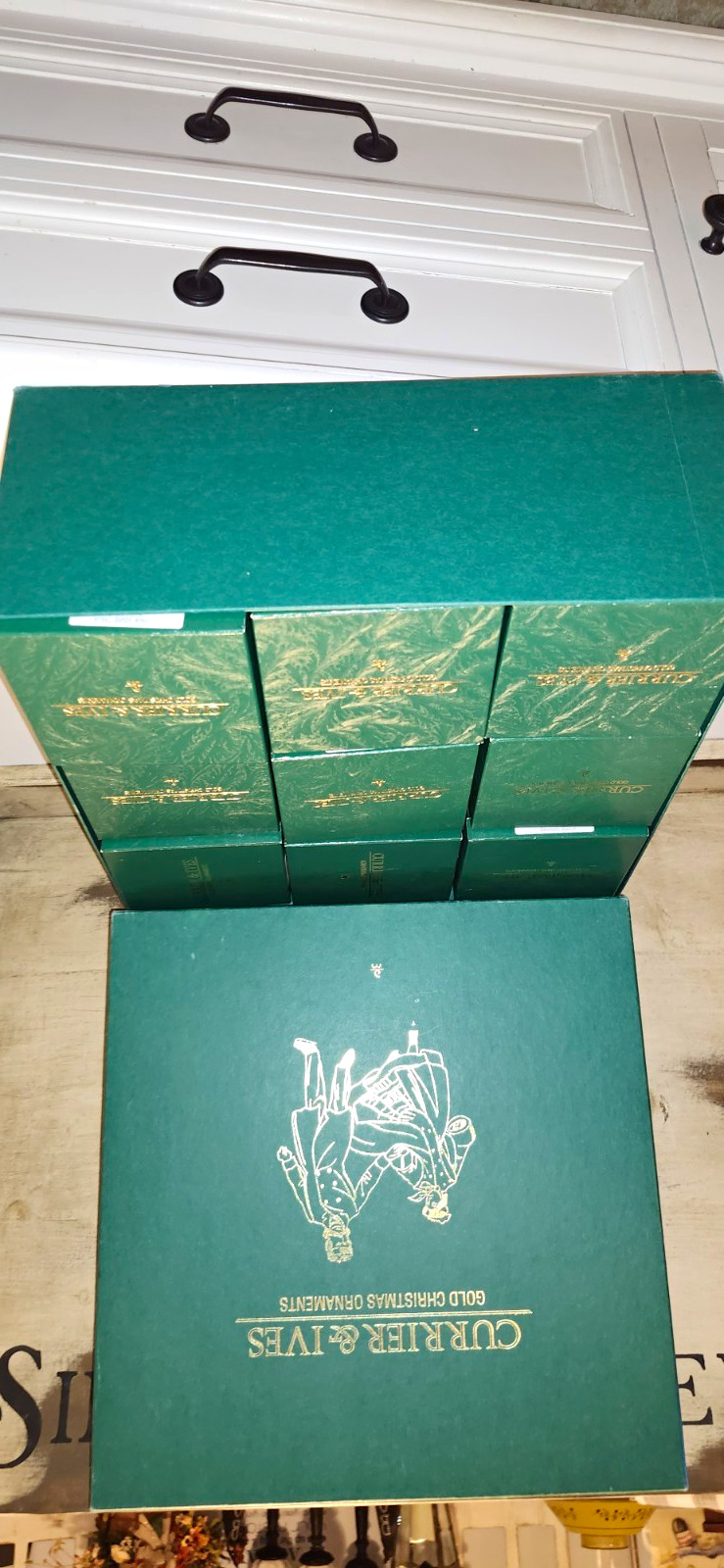 Currier & Ives Vintage Gold Christmas Ornaments Set in Box Winter Scenes CB51